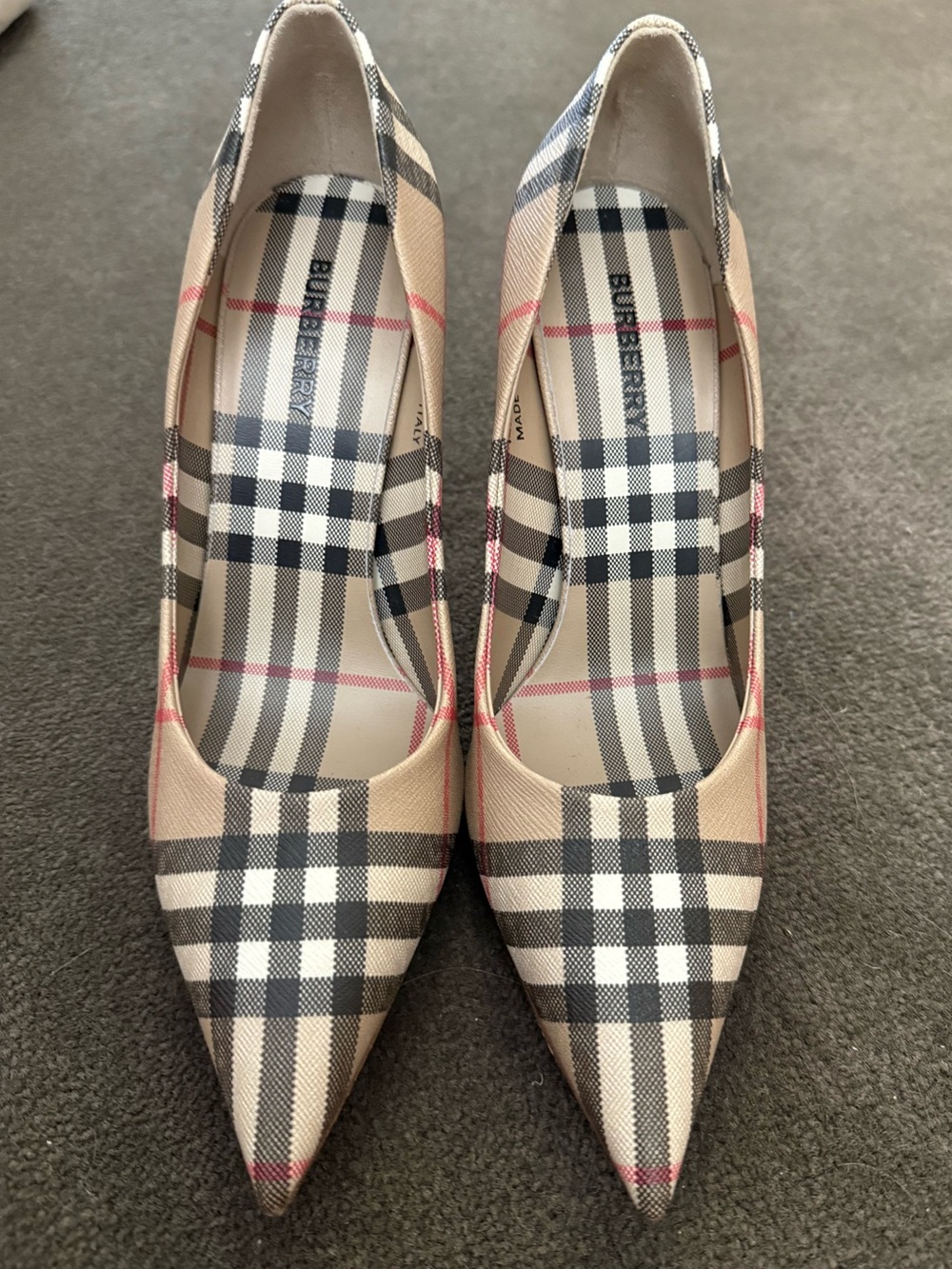 Burberry Beige Nova Check Pointed-Toe Pumps with Black & Red Accents
